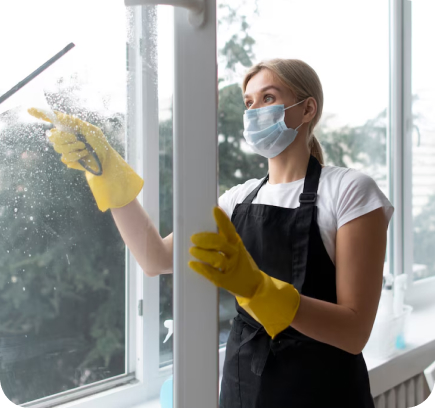 Mask group(6) - Prime Cleaning Services Professional cleaner cleaning a window glass
