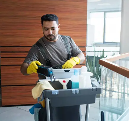 hgcleanning.webp - Prime Cleaning Services A professional cleaner arranging cleaning equipment