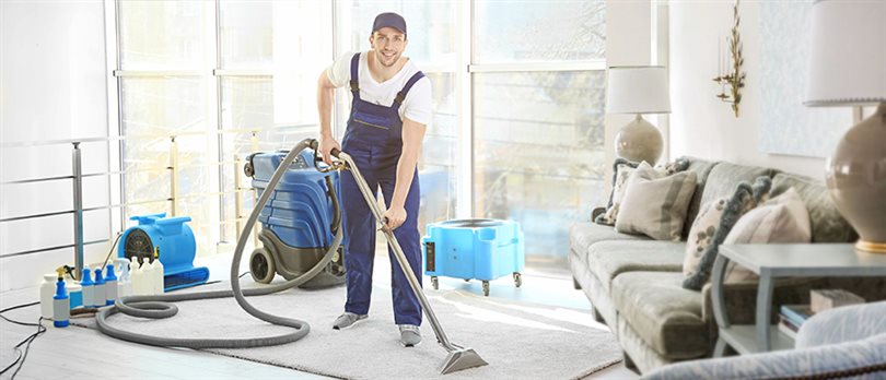 Dry cleaner's employee removing dirt from carpet in flat
