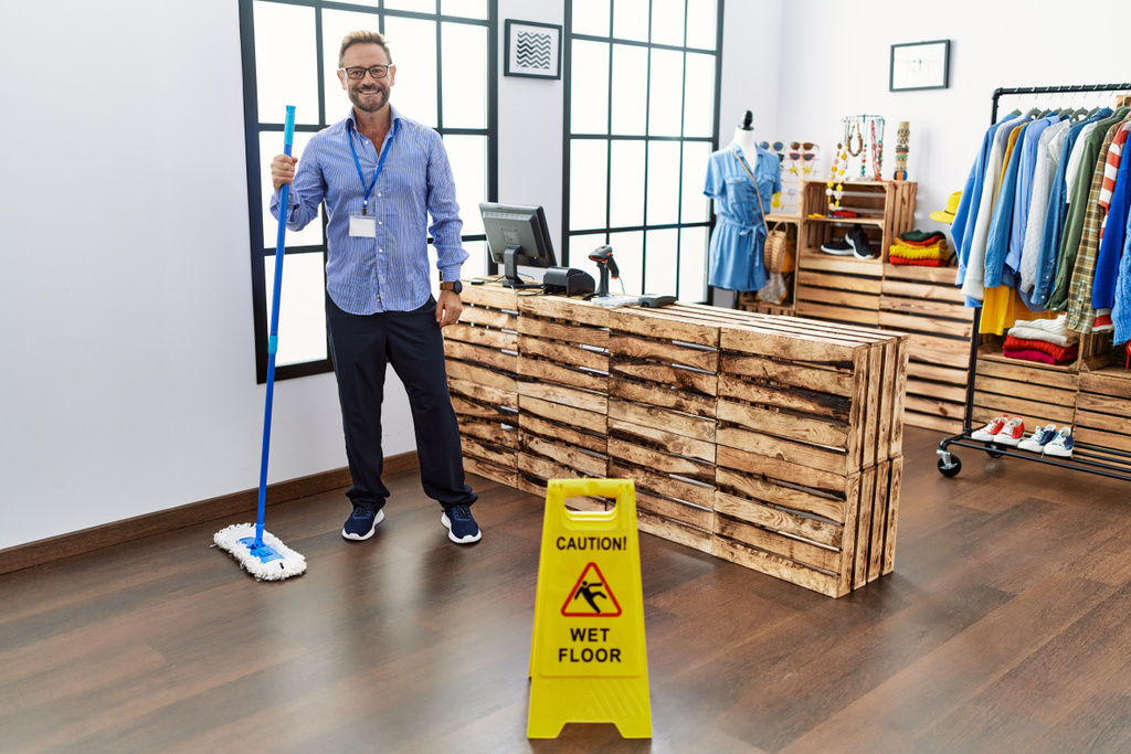 Middle age man working at retail boutique cleaning the floor looking positive