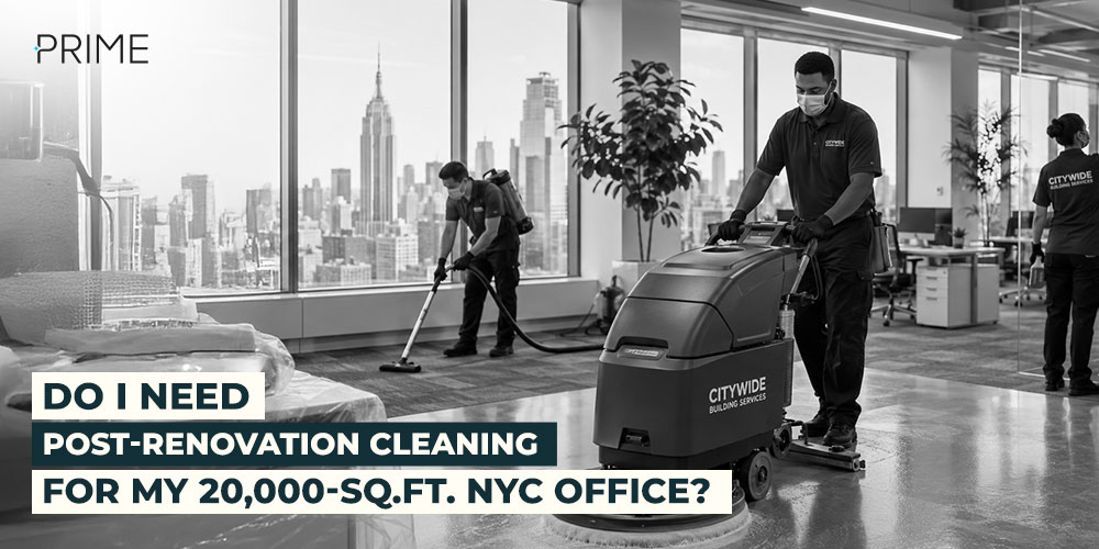 Professional cleaners cleaning a 20000-sqft-NYC Office after renovation