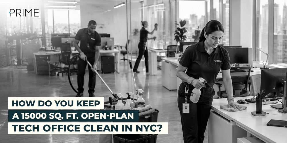Professional cleaners cleaning a15000 Sq Ft Open Plan Tech Office in NYC